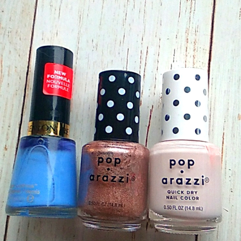 Poparazzi nail color 3 pc set. Purple, rose gold, cream and blue.